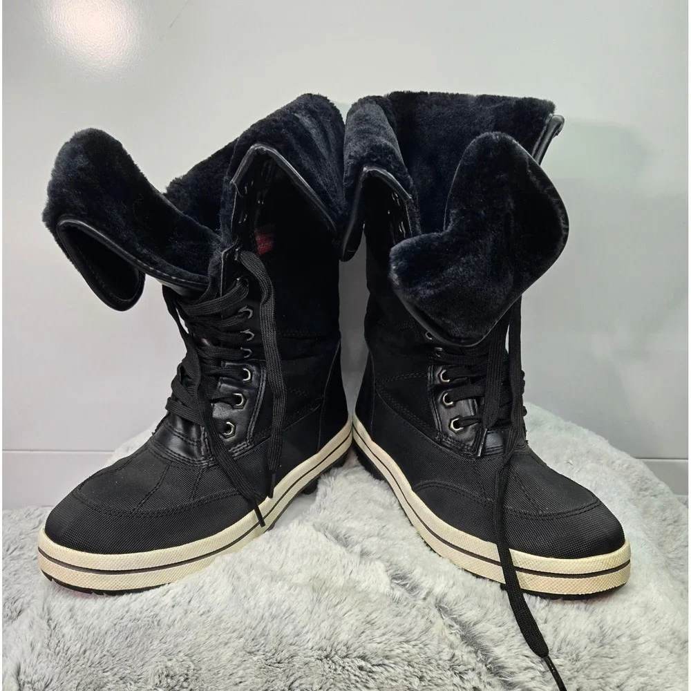 Womens Black‎ Lace Up Duck Boots Waterproof Fold Down Faux Fur Trim Winter
